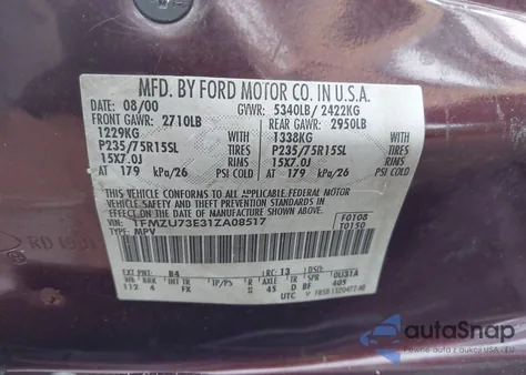 2001 Ford Explorer Xlt из США, поврежденный, VIN 1FMZU73E31ZA08517